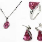3 color- lady's fine pink/red/blue zircon 18KGP earring pendant ring #7,8,9 set