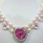 4 colors! nice2 row white pearl & heart blue/purple/pink zircon pendant necklace