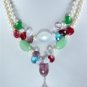 2 colors! nice2 row white pearl & mixed colorful jade red zircon stone necklace