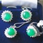 2 colors- fine 18KGP 10mm green/purple jade CZ earring pendant ring #7,8,9 set