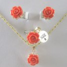 4 colors-fine carved flower pink/red coral bead 18KGP pendant ring/earring set