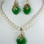 7-8mm white pearl necklace 17"& green red purple blue heart jade earring pendant