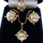 3 colors- fine 8-9mm white/pink/black pearl 18KGP CZ earring pendant ring set
