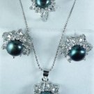 3 colors- fine cultured white/pink/black pearl 18KGP CZ ring pendant earring set