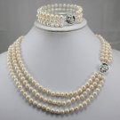 3 color- nice cultured 3 row 6-7mm white/pink/black pearl bless necklace earring