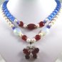 2 colors! 2 row white pearl red jade/blue opal necklace zircon butterfly pendant