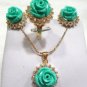 3 color! charm carve pink/red flower coral /turquoise earring ring #7,8,9 exit
