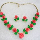 2 color! fine green jade & pink/red flower coral bead necklace earring set
