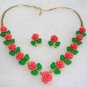 2 color! fine green jade & pink/red flower coral bead necklace earring set