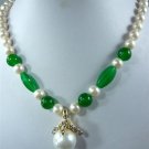 2 colors! charm cultured white pearl & green jade necklace +14mm shell pendant