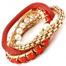 CORAL OMEGA BEAD & PEARL CHAIN STRETCH BRACELET