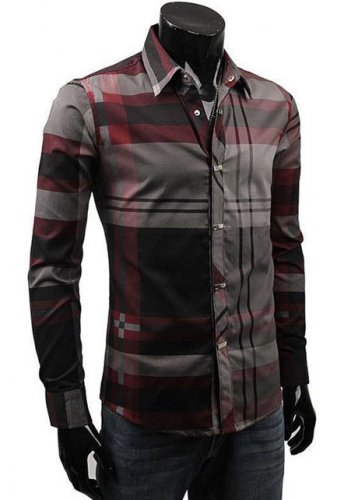 Man Long Sleeve Plaid Shirts with Turndown Collar