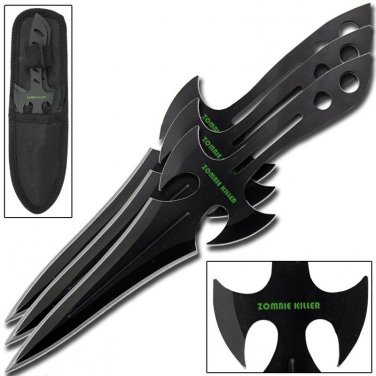 3 Pc. Nefarious Zombie Killer Throwing Knife Knives Kunai Set Sheath Apocalypse