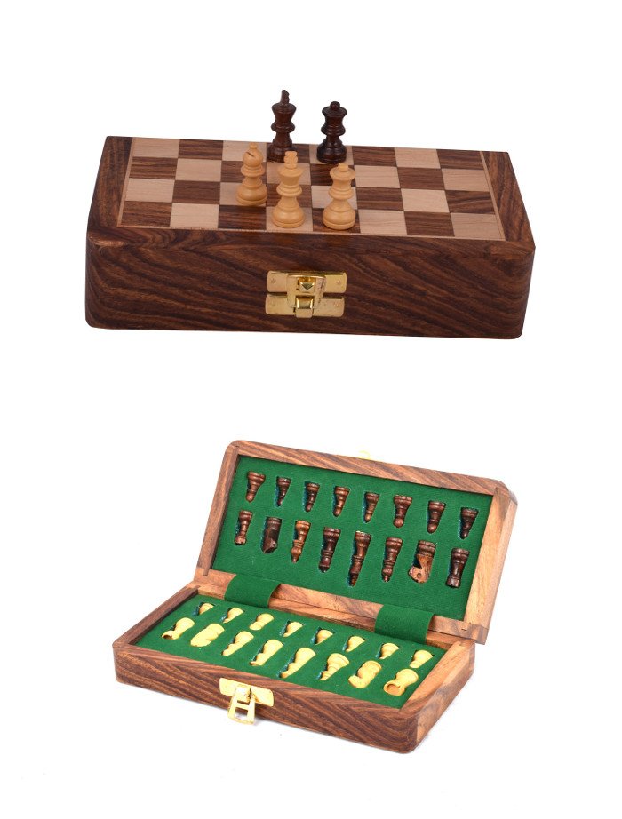 Handmade Classic 7 By 7 Inches Wooden Folding Chess Board With Wooden Magnetic Pieces Travel Game 1146