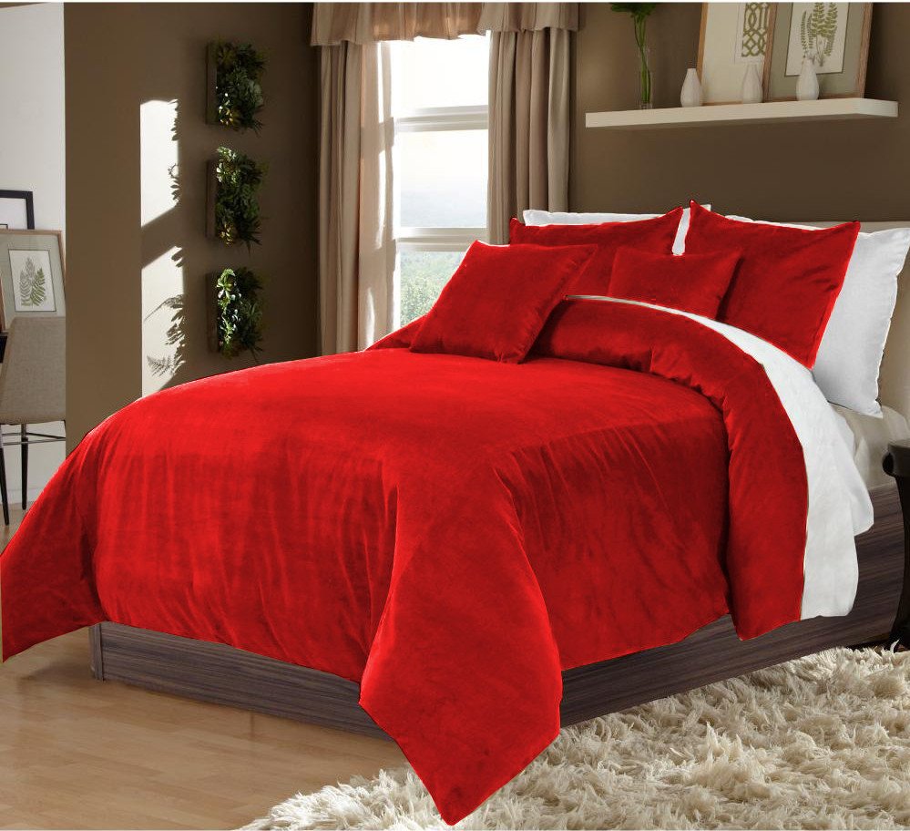 Ruby Red Twin/Twin XL 100% Velvet & Cotton Reversible Duvet Quilt Cover Set 3pcs