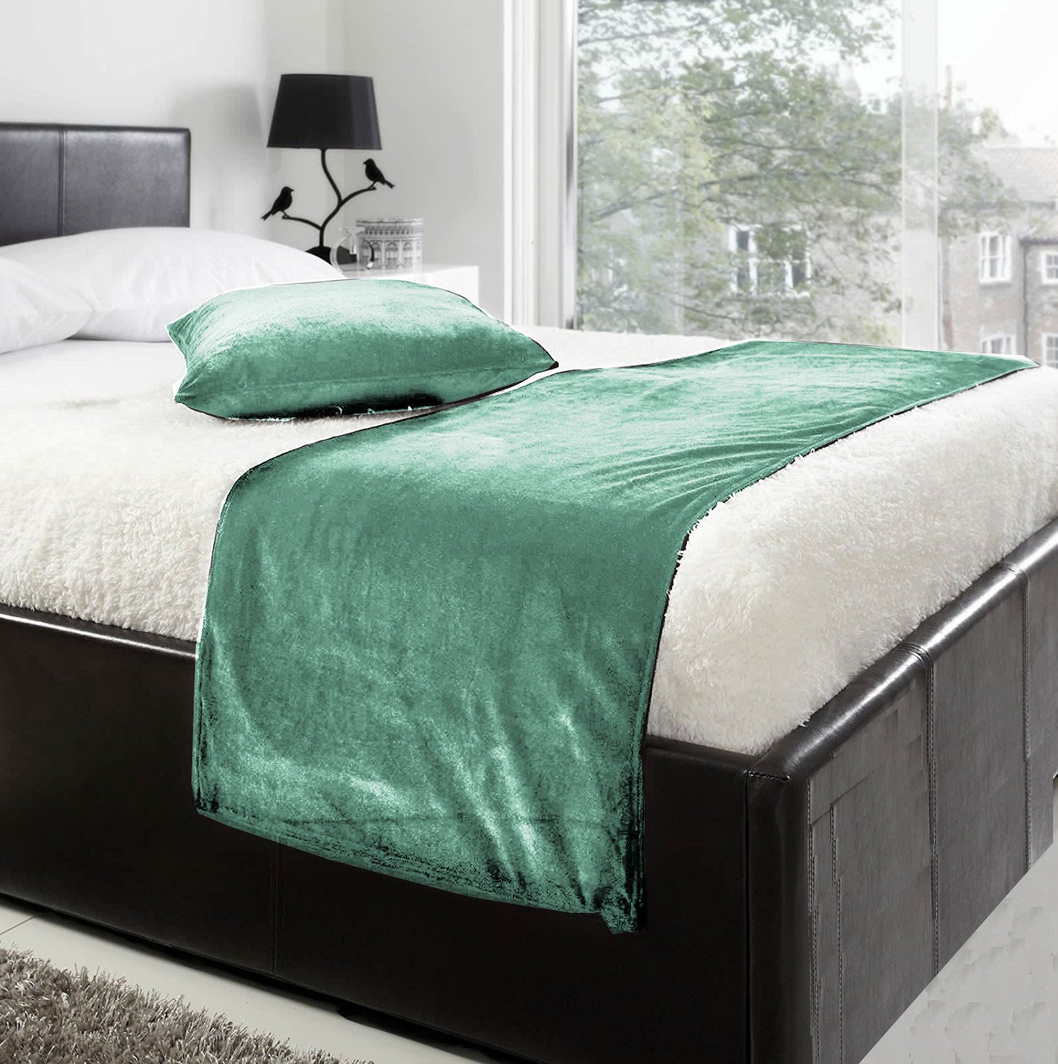 20"W X 76"H | VELVET BED RUNNER SET | Scarf | Throw | with 2 cushion cover(20"x20") | Aqua