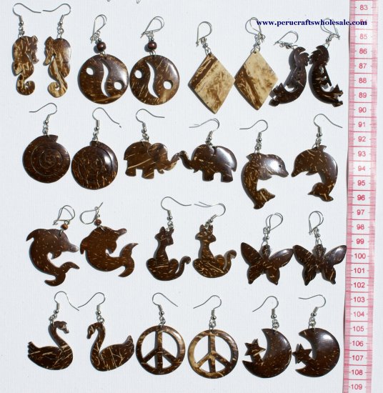 8 Pair Hand Carved Coco Earrings Tribal Natural Jewelry