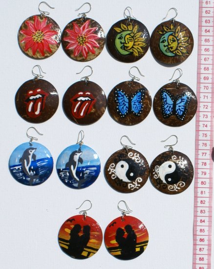 6 Pairs Round Coconut Wood Earrings Hand Painted Art