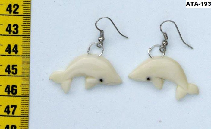 Water Animal Dangle Earrings of Fish, Tagua Carving Art