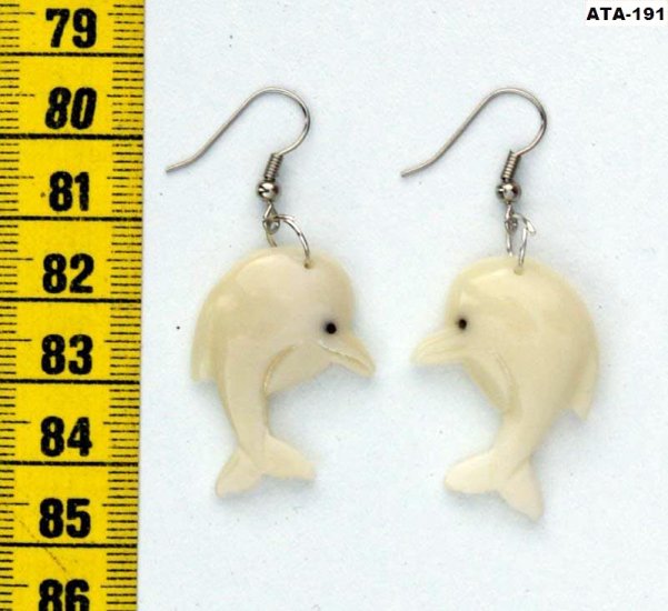 Hand Carved White Dolphin Earrings of Tagua Nut Ecuador
