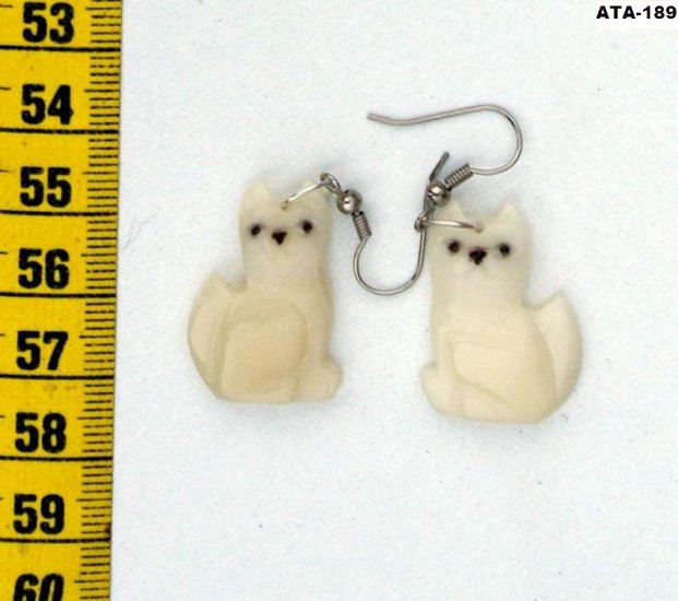Pair Earrings Carved Tagua Nut with Pet White Cat Shape