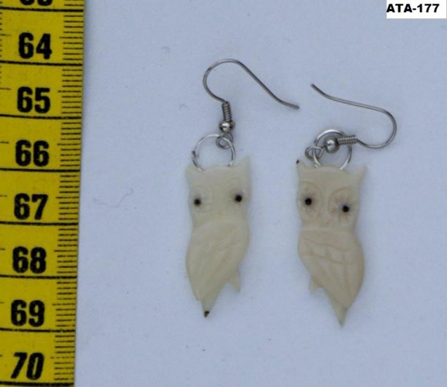 Dangle Carved Earrings of White Owl Tagua Art, Ecuador