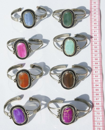 4 Metal Cuff Bangle Bracelets Natural Agate Stones Peru