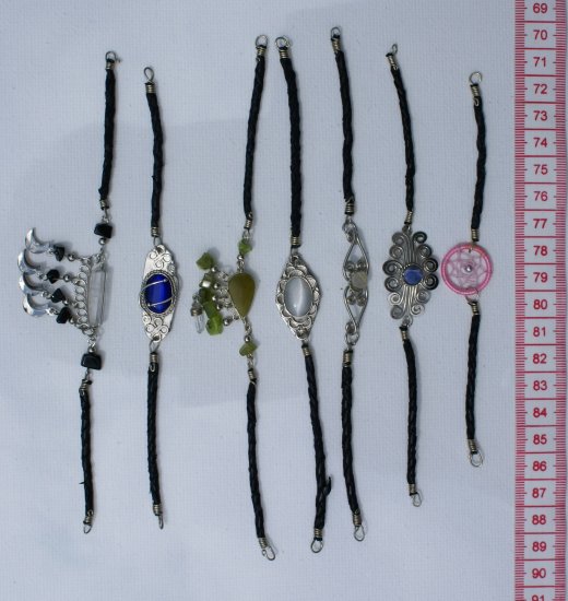 7 Black Leather Artisan Bracelets Natural Stones, Glass