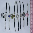 7 Black Leather Artisan Bracelets Natural Stones, Glass