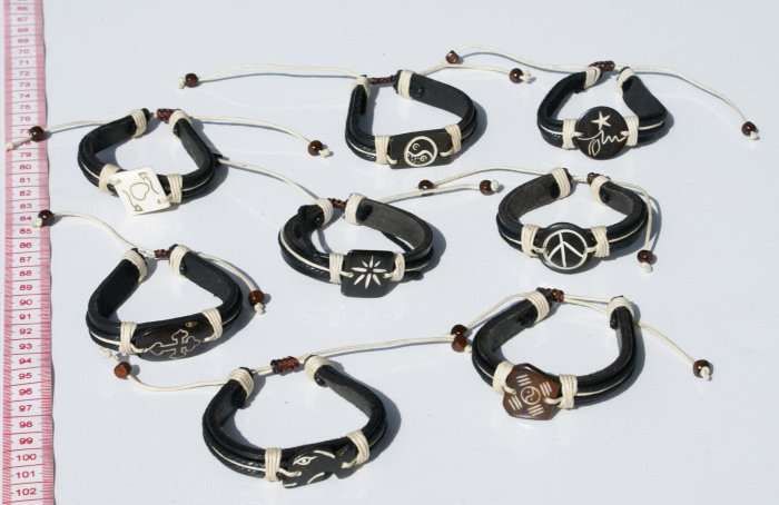 7 Artisan Black Leather Cuff Bracelets Handmade Bangles