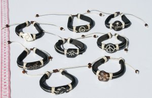 7 Artisan Black Leather Cuff Bracelets Handmade Bangles