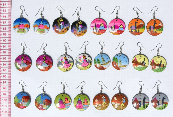 7 Pair Round Wood Earrings Ethnic Peruvian Draw Jewelry