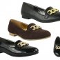 WOMENS LADIES FASHION FLAT LOAFERS GOLD CHAIN PUMPS BLACK SCHOOL SHOES SIZE