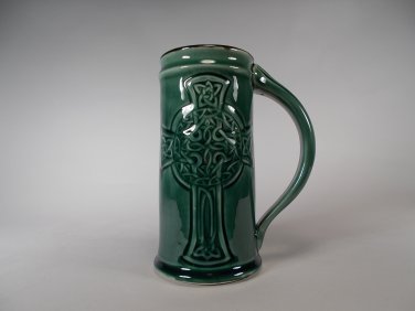 Celtic Cross Beer Mug forest green stoneware by Chischilly Pottery