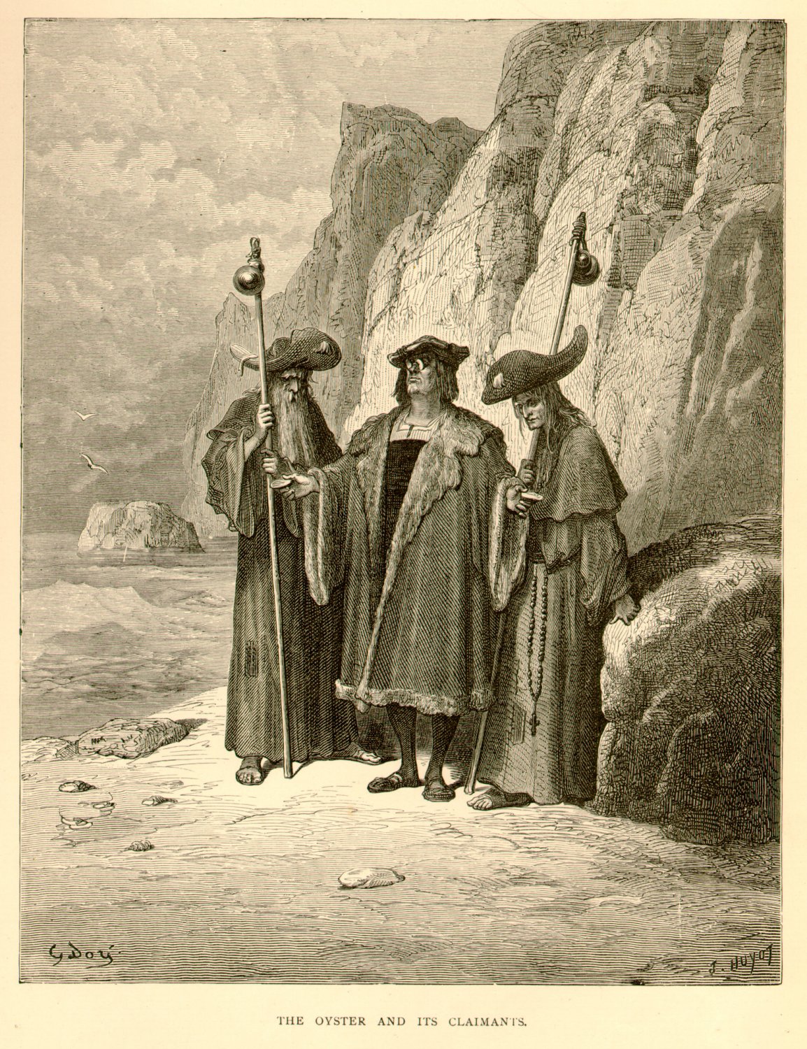 The Oyster & Its Claimants, Gustave Dore 126 year old antique engraving