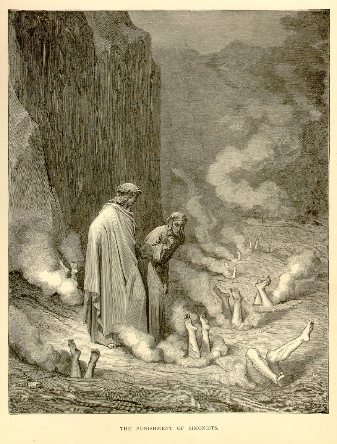 The Punishment of Simonists, Gustave Dore, 126 year old antique engraving