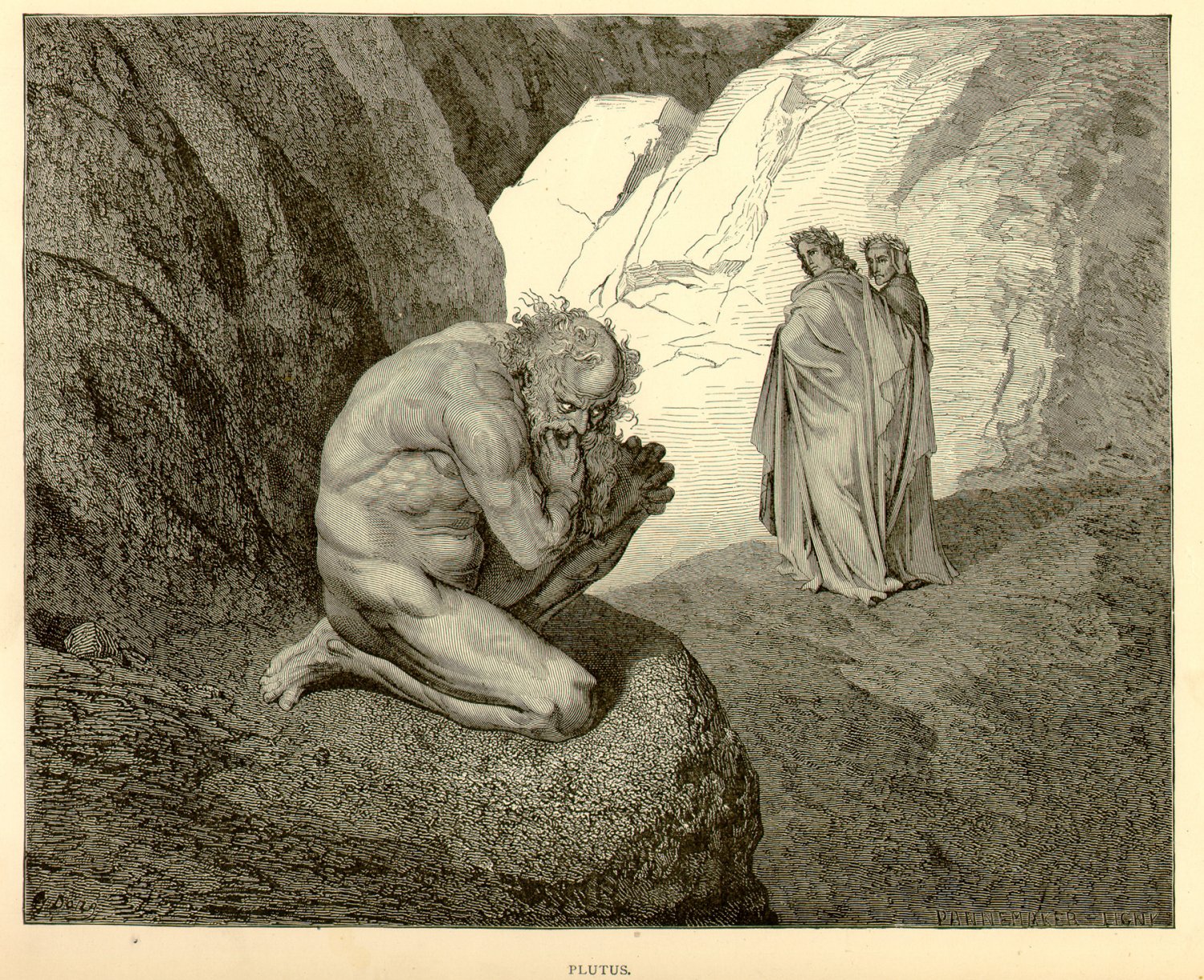 Plutus, Gustave Dore, 126 year old antique engraving
