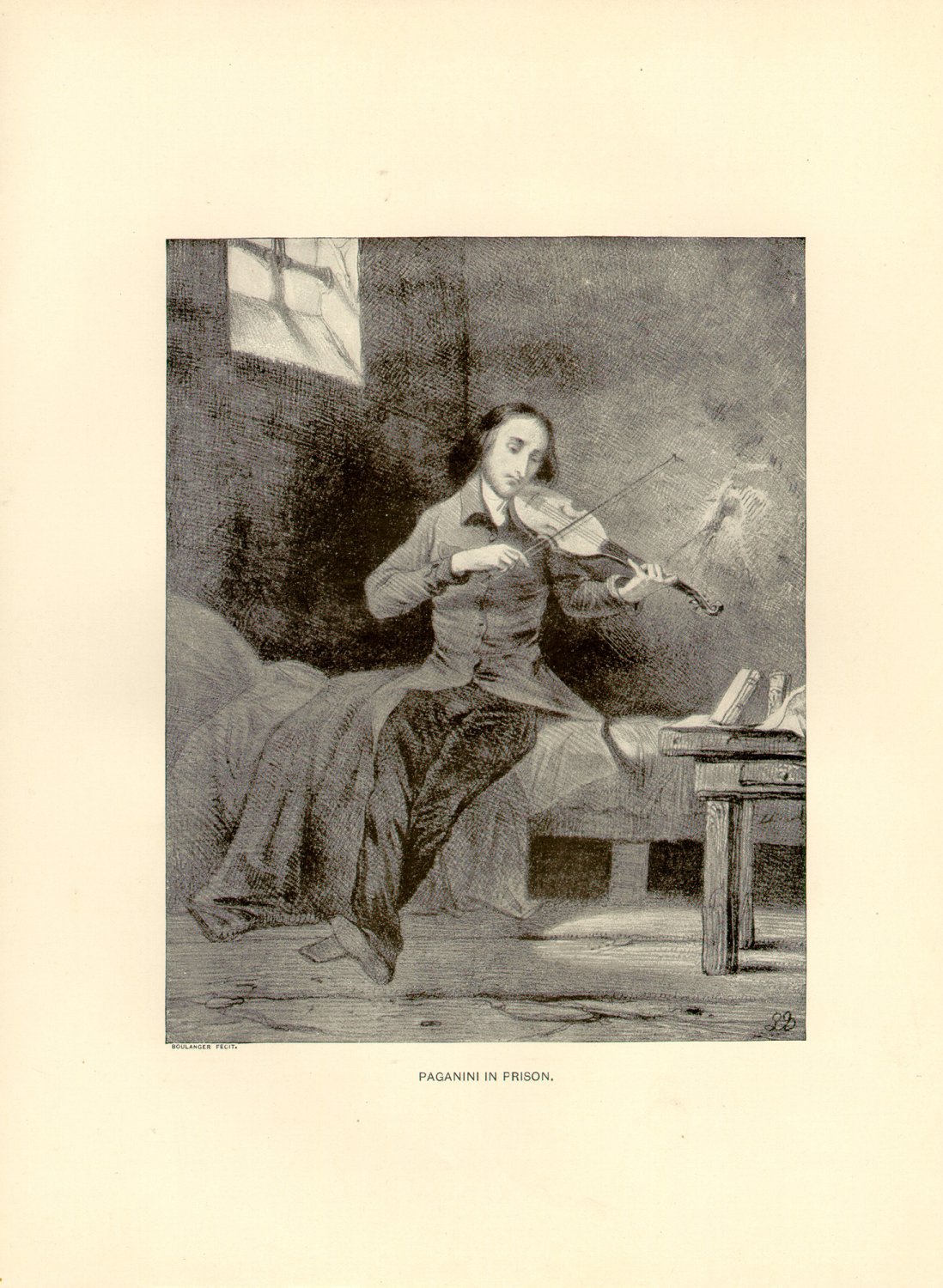 Paganini in Prison, violinist, 120 year old original antique print