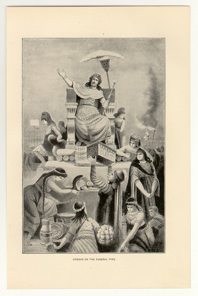 Croesus on the Funeral Pyre, 108 year old original antique print