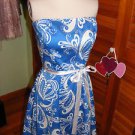 Blue & White Paisley Print Sleeveless Knee Length Satin Ribbon Dress size 8 RARE