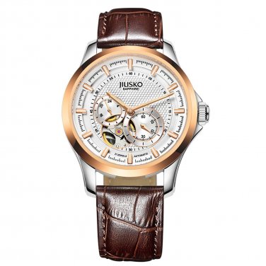 JIUSKO Men's Skeleton Brown Leather Rose Gold Dress Watch 24 Hour - 206LSRG0107
