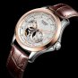 JIUSKO Men's Skeleton Brown Leather Rose Gold Dress Watch 24 Hour - 206LSRG0107