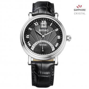 JIUSKO Men's Black Leather Quartz Dress Watch - Roman Numerals Date - 3LS0202