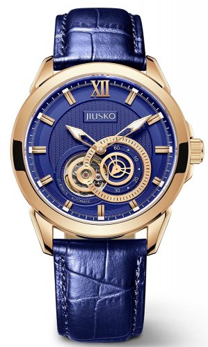JIUSKO Men's Mens Skeleton Gold Blue Leather Wrist Watch Sapphire - 316LRG0808