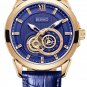 JIUSKO Men's Mens Skeleton Gold Blue Leather Wrist Watch Sapphire - 316LRG0808