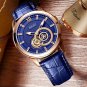 JIUSKO Men's Mens Skeleton Gold Blue Leather Wrist Watch Sapphire - 316LRG0808