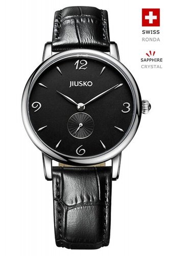 JIUSKO Mens Classic Black Leather Dress Sapphire Analog Watch - 228LS0202