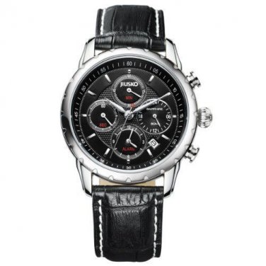 JIUSKO Mens Multifunction Chronograph 24 Hour Alarm Black Leather Watch 113L0202