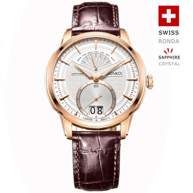 JIUSKO Mens Multifunction Brown Leather Dress Watch Sapphire Date - 315LRG0107