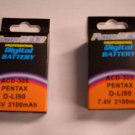 TWO 2X D-LI90 D-LI90B Batteries for Pentax SLR K-5, K-5 II, K-5 IIs K-3 K-7 645D